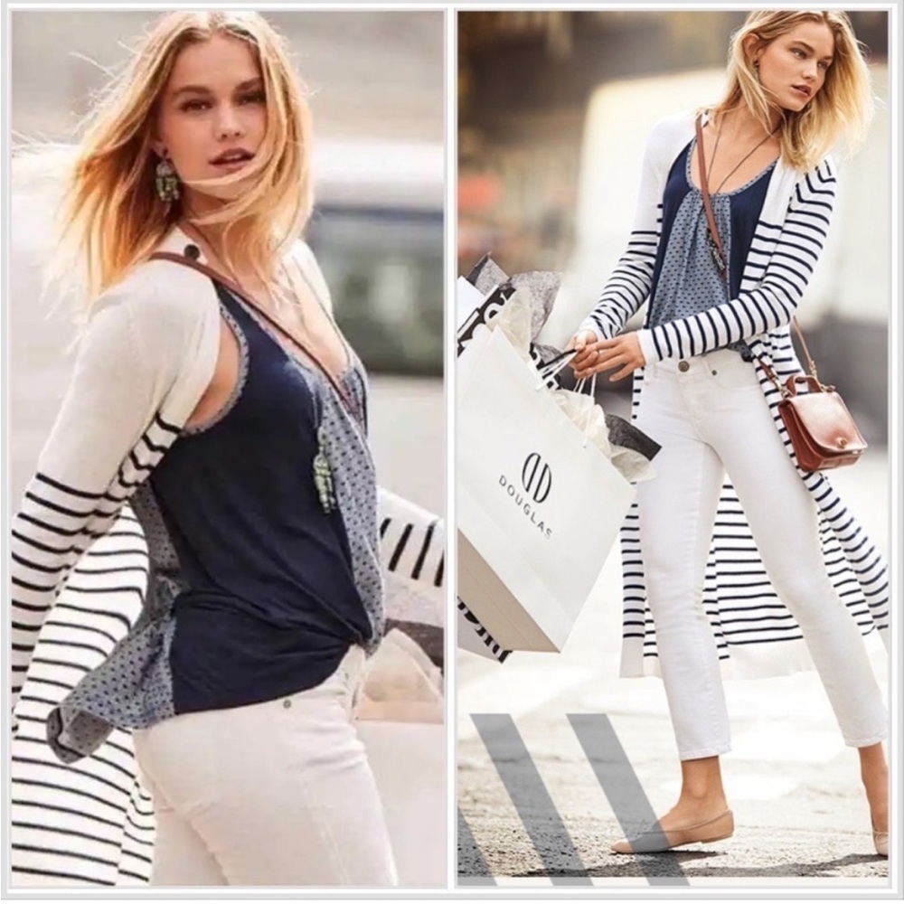 CAbi Navy Blue & White Striped Long Cardigan , EUC